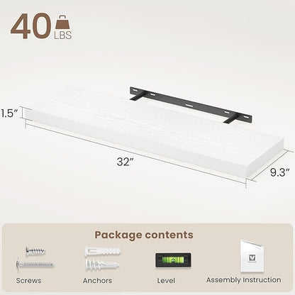 Vivelove White Floating Shelves 32 Inches Long, Wall Display Shelves with Invisible Brackets, for Bathroom Living Room Kitchen Bedroom Office Farmhouse Home Decor, 32x9.3X 1.5 - Set of 2, White