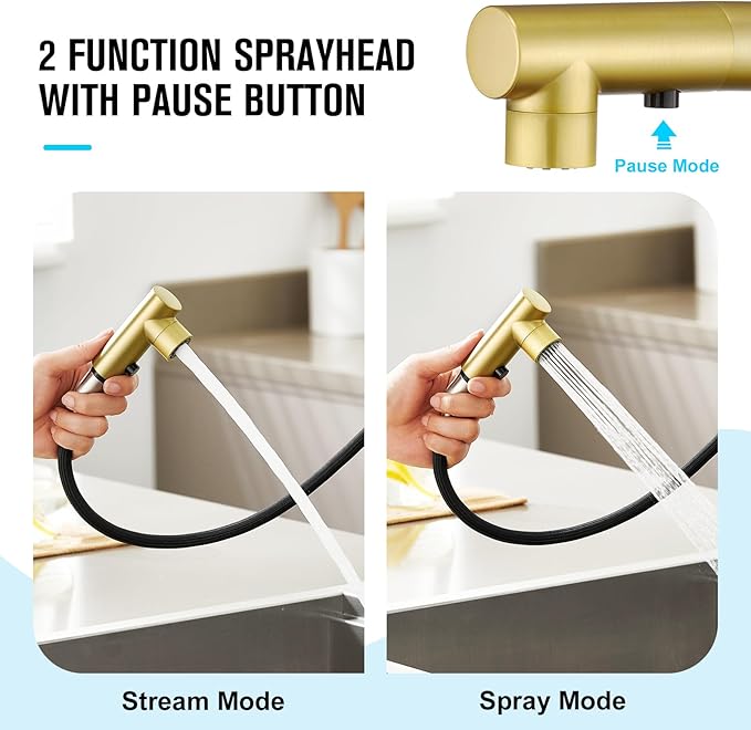 CREA Gold Kitchen Faucet with Pull Down Sprayer - Bathroom & Utility Sink Faucet - Single Handle, 3 or 1 Hole