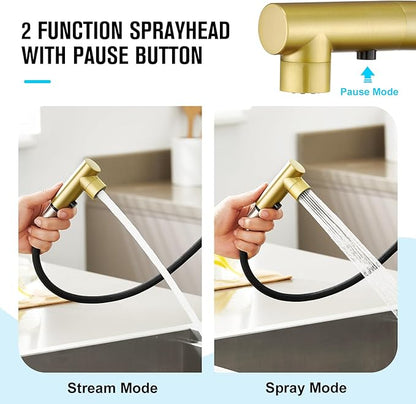 CREA Gold Kitchen Faucet with Pull Down Sprayer - Bathroom & Utility Sink Faucet - Single Handle, 3 or 1 Hole