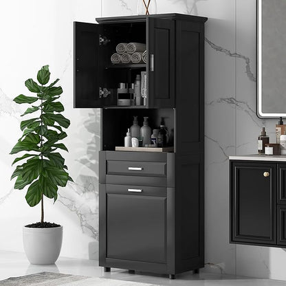 Merax 70" Tall Storage Cabinet with Laundry Hamper, 1 Drawer and Adjustable Shelf, Freestanding for Bathroom, Black