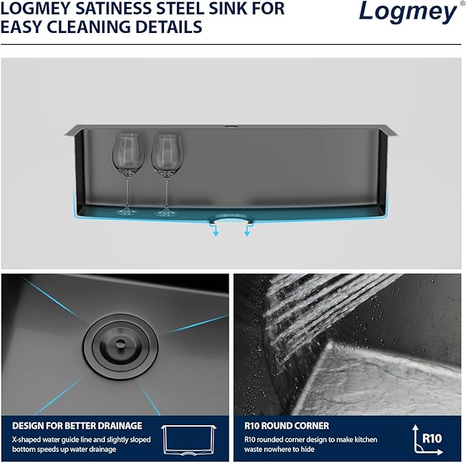 Logmey 33x19 Drop in Kitchen Sink Nano PVD Gunmetal Black Handmade Topmount Sinks 16 Gauge SUS304 Stainless Steel Single Bowl Sinks,Ideal for Home Cooking,Cleaning & Daily Kitchen Use,Noise Reduction