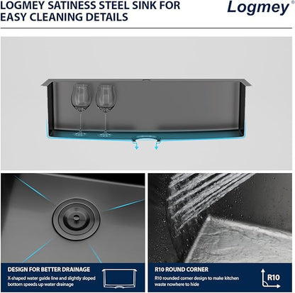 Logmey 33x19 Drop in Kitchen Sink Nano PVD Gunmetal Black Handmade Topmount Sinks 16 Gauge SUS304 Stainless Steel Single Bowl Sinks,Ideal for Home Cooking,Cleaning & Daily Kitchen Use,Noise Reduction