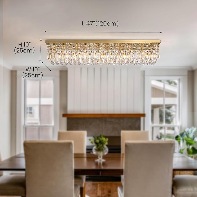 Gold Chandeliers,10-Lights Modern Crystal Chandelier, Rectangular Flush Mount Chandelier,Pendant Light Fixture for Dining Room Kitchen Room Bedroom Bathroom Hotel