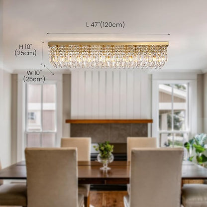 Gold Chandeliers,10-Lights Modern Crystal Chandelier, Rectangular Flush Mount Chandelier,Pendant Light Fixture for Dining Room Kitchen Room Bedroom Bathroom Hotel