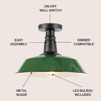 JONATHAN Y 14" Green/Black 1-Light Industrial LED Semi Flush Mount Ceiling Light for Porch, Kitchen, Entryway, Modern Farmhouse Iron Fixture, White Metal Shade, LED Bulb Included (JYL7617F)
