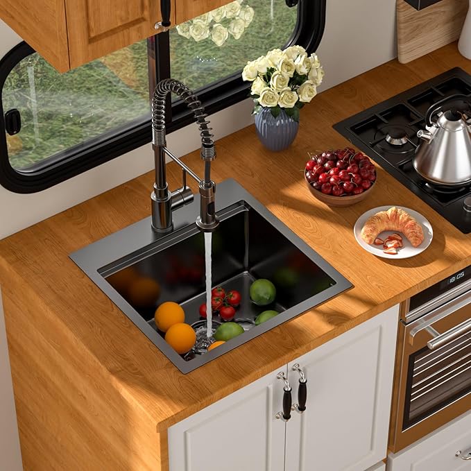 18 Inch Drop In RV Bar Sink - Beslend 18x18 Gunmetal Black Topmount Sink for RV Camper, Black Stainless Steel Wet Bar Workstation with Cutting Board, Roll-up Rack, Drain Assembly & Rinse Grid