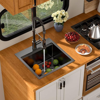 18 Inch Drop In RV Bar Sink - Beslend 18x18 Gunmetal Black Topmount Sink for RV Camper, Black Stainless Steel Wet Bar Workstation with Cutting Board, Roll-up Rack, Drain Assembly & Rinse Grid