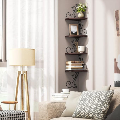 Alsonerbay Corner Shelf Wall Mount, 4 Tier Floating Shelves for Wall, Easy-to-Assemble Wall Shelves Rustic Wood Decor for Bedroom Living Room Bathroom Kitchen Office, Walnut Finish