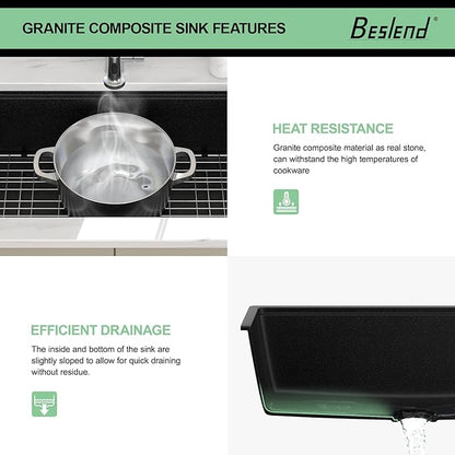 30 Granite Composite Kitchen Sink - 30x19 Inch Black Granite Kitchen Sinks Undermount Black Quartz Sink Ledge Workstation Classic Under Counter Single Bowl Sinks Basin