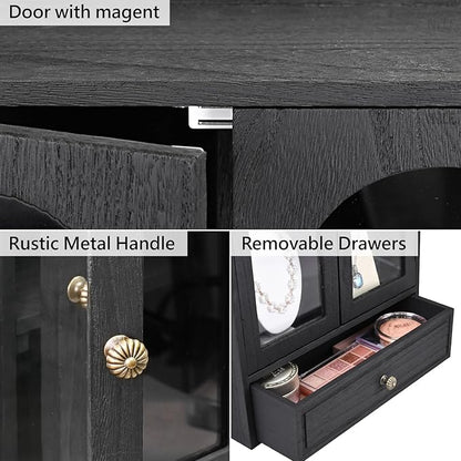 Ikee Design Wooden Countertop Storage Cabinet with Magnetic Door, Adjustable Shelves, Removable Hooks and Drawer for Perfume, Makeup, Pantry, Black Color, 12.2 W x 6 D x 15.7 H in