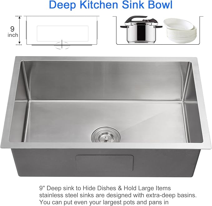 MENATT 28 Inch Undermount Kitchen Sink, 304 Stainless Steel Handmade Large Kitchen Sink, Single Bowl Sink with Drain Kit (Brushed), 28"x18"x9"