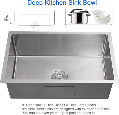 MENATT 28 Inch Undermount Kitchen Sink, 304 Stainless Steel Handmade Large Kitchen Sink, Single Bowl Sink with Drain Kit (Brushed), 28"x18"x9"