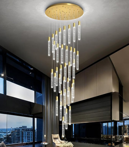 HAIXIANG 16 Foot Chandeliers for Living Room Entryway High Ceiling Light Fixtures Sloped Flush Mount Ceiling Pendant Lighting Dimmable Chandelier with Remote LED Crystal Pendants Lighting Gold Light