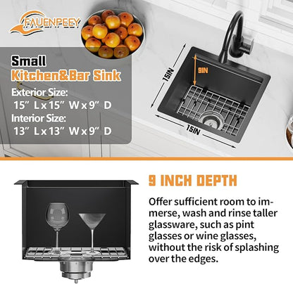 Black 15x15In Kitchen&Bar Workstation Sink- Small Stainless Steel Undermount Single Bowl Bar Sink Built-in Ledge Drop In Workstation Sink With SS Grid Cutting Board,Silicon Mat,Drain Assembly