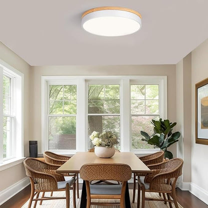 Modern Wood Flush Mount Ceiling Light, White LED 5CCT 2700K-6000K Dimmable Ceiling Light Fixtures, Round Close to Lighting Fixture for Kitchen Living Room Dining Room Bedroom-15.8in