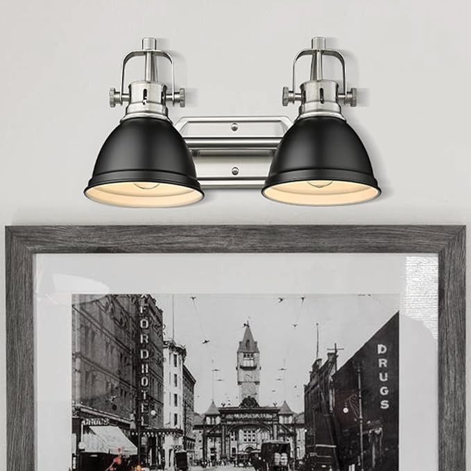 Emliviar Modern Vanity Light, Industrial 2-Light Bathroom Wall Light Fixtures, Black and Brushed Nickel Finish with Metal Shade, 4054-2W BN+BK