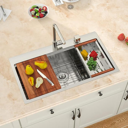 33x19 Drop in Kitchen Sink Workstation- MERYIAO 33 Inch Drop In Kitchen Sinks Handmade T304 16 Gauge Stainless Steel Single Topmount Bowl 9" Deep Basin