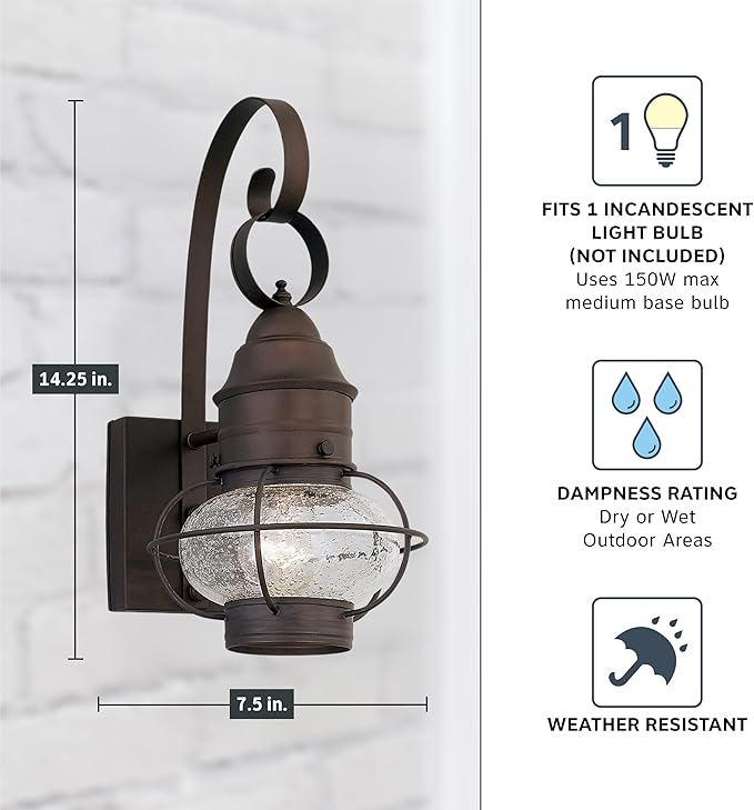 Designers Fountain Nantucket Outdoor Light Fixture, 14.25 Inch Exterior Wall Lantern Sconce for Front Door, Patio and Porch, Rustic, 1751-RT