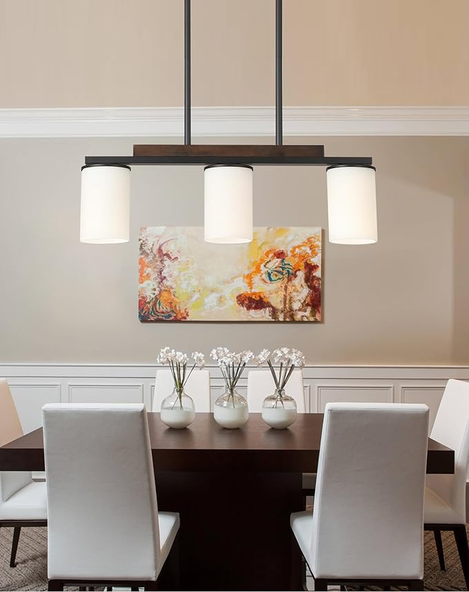 Mecgirn Farmhouse Dining Room Light Fixtures Over Table, Black Pendant Lights for Kitchen Island with Milk Glass Shade, 3 Light Linear Chandelier Lighting with Wood