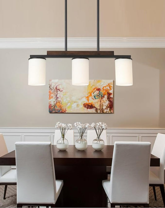 Mecgirn Farmhouse Dining Room Light Fixtures Over Table, Black Pendant Lights for Kitchen Island with Milk Glass Shade, 3 Light Linear Chandelier Lighting with Wood