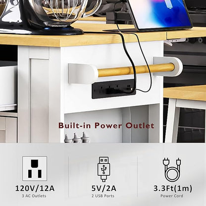 48 inch Rolling Kitchen Island Storage Cart on 5 Wheels with Drop Leaf, 2 Bar Stools, Power Outlet, Door Internal Storage Rack, 5 Open Side Racks, 2 Drawers for Dining Room, Home Bar White