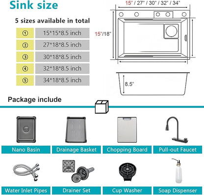 Waterfall Kitchen Sink 15" x 15" Drop-in Single Bowl Sinks, SUS304 Workstation Handmade Undermount Sink With Pull-out Faucet, Cup Washer & Accessories (Black, 15" x 15")
