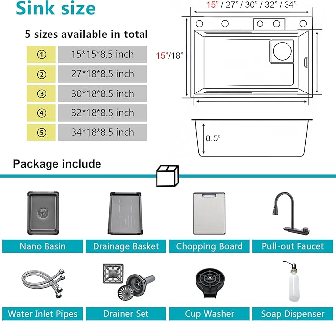 Drop In Waterfall Kitchen Sink, 30 x 18 Inch Topmount/Undermount Stainless Steel Single Bowl Sink With Sliding Tracks, Workstation sink with Complete Accessories Easy Clean