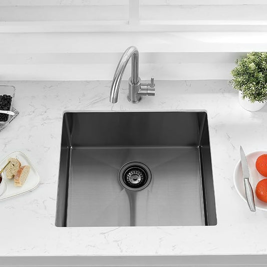 PEPO 23 Inch Undermount Kitchen Sink Black 23x18 Inch 16 Gauge Gunmetal Black Stainless Steel Single Bowl Bar Prep Sink for Outdoor Kitchen