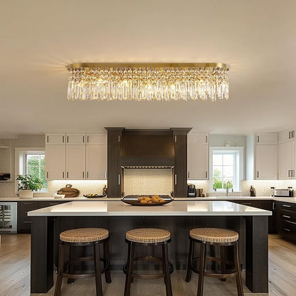 Siljoy 12-Light Modern Gold Crystal Raindrop Chandelier for Dining Room, Luxury Oval Flush Mount Crystal Pendant Ceiling Light Fixture for Living Room Kitchen Island Bar L47''xW11''xH10.6''