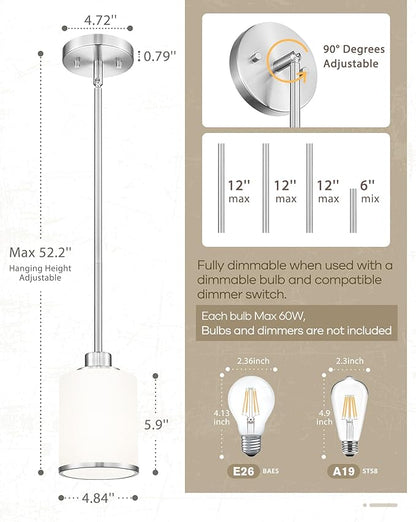 Beionxii Brushed Nickel Pendant Lights Kitchen Island 2 Pack, Hanging Lights Fixtures with Milk Glass, Kitchen Pendant Lighting Over Island, Hanging Lights for Sink Dining Room Entryway, BX-PL02BN-2