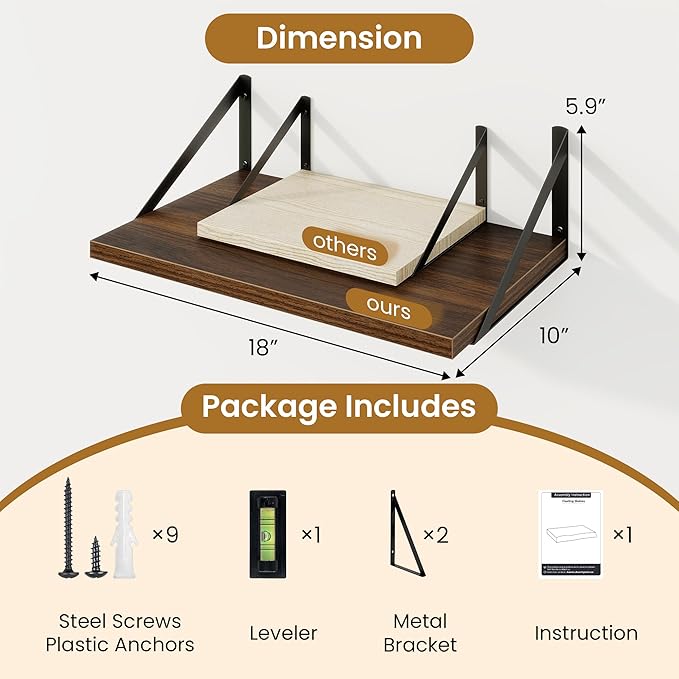 Acovy Floating Shelves for Wall,18" Wall Mounted Shelves Set of 2,Wood Floating Shelf with Bracket,Sturdy Metal Bracket Bookshelves Home Decor Storage for Living Room,Bedroom,Bathroom,Kitchen,Walnut