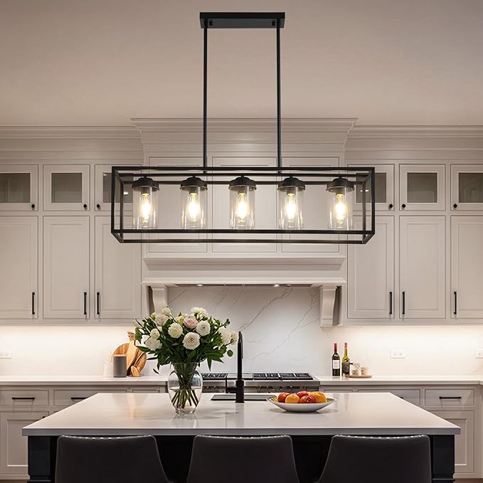 Black Farmhouse Dining Room Chandelier, Rectangular Clear Glass Pendant Light, Modern Industrial Hanging Light Fixture for Kitchen Island
