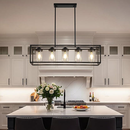 Black Farmhouse Dining Room Chandelier, Rectangular Clear Glass Pendant Light, Modern Industrial Hanging Light Fixture for Kitchen Island