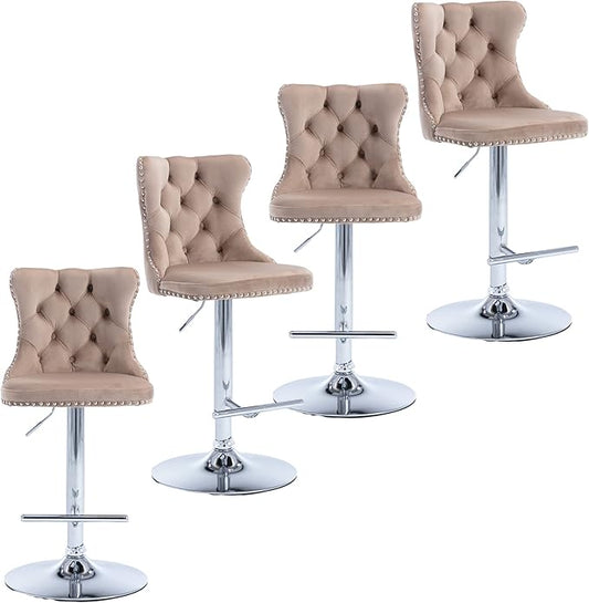 Rhomtree Velvet Swivel Bar Stools Upholstered Bar Stool with Button Tufted Back and Pull Ring Height Adjustable Barstools 25-33 Inch for Home Pub and Kitchen Island (Khaki with Silver Base, Set of 4)