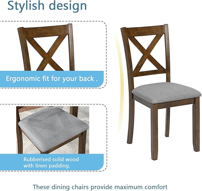 5-Piece Solid Wood Dining Table Set with 4 Upholstered Chairs, Square Kitchen Table Set for 4, Modern Dining Room Table and Chairs Set of 4 for Kitchen and Dining, Walnut