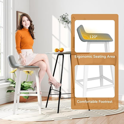 Giantex 29" Bar Stools Set of 2, Upholstered Bar Height Barstools with Low Back, Footrest, Armless Wood Bar Chairs for Kitchen Island, Dining Room, White & Gray