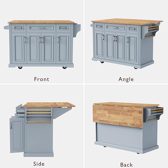 JIJIWANG 54" Large Kitchen Island with Drop Leaf and Storage, Embossed Texture Rolling Kitchen Cart on 4 Wheels with 4 Doors and 3 Drawers for Dining Room, Grey Blue