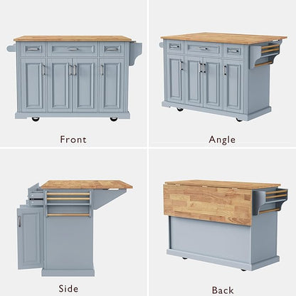 JIJIWANG 54" Large Kitchen Island with Drop Leaf and Storage, Embossed Texture Rolling Kitchen Cart on 4 Wheels with 4 Doors and 3 Drawers for Dining Room, Grey Blue