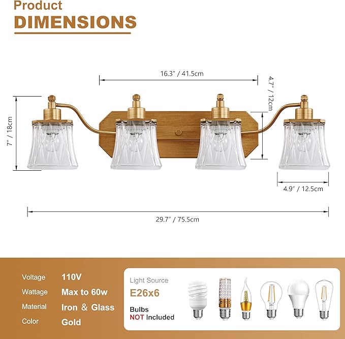 Gold Bathroom Light Fixtures, 4-Light Bathroom Vanity Light with Crystal Glass Shade, Matte Antique Gold Finish Vintage Vanity Light, Brushed Gold Vanity Lights for Bathroom, Bedroom, Hallway