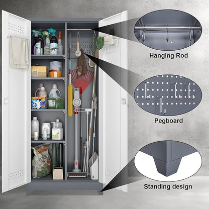Broom Storage Cabinet, Metal Cabinet with Shelves and Hanging Rod, 72.8" Utility Cabinets with Locking Door, Tall Cleaning Storage for Kitchen, Pantry, Office, Shop, Garage
