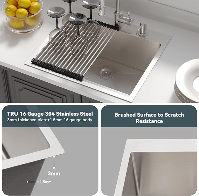 Lordear 25 Drop In Kitchen Sinks 25 x 22 Single Bowl Stainless Steel 16 Gauge Topmount Over Counter Handmade Kitchen Laundry Room Utility Sink Basin