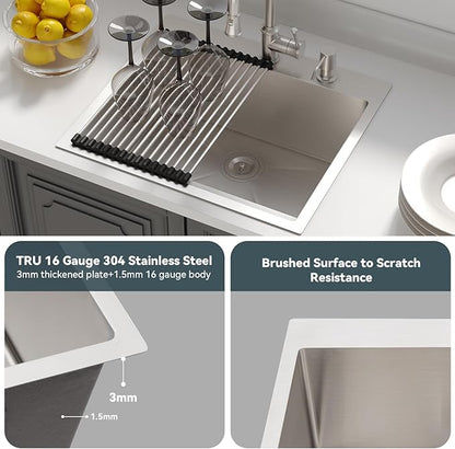 Lordear 25 Drop In Kitchen Sinks 25 x 22 Single Bowl Stainless Steel 16 Gauge Topmount Over Counter Handmade Kitchen Laundry Room Utility Sink Basin
