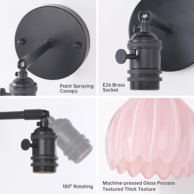 Shenmoyl Vintage 5000 mAh Battery Operated Wall Sconce with Pink Tulip Glass Lampshade Rechargeable Battery Powered Wall Light with Remote Control for Bedroom Doorway, Set of 2