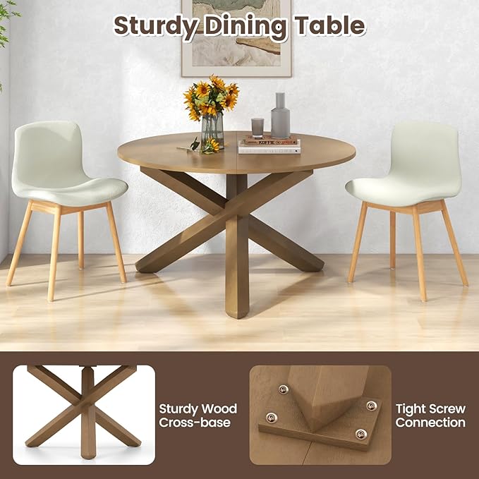 Giantex 47" Round Dining Table with Intersecting Acacia Wood Legs, Adjustable Foot Pads, 500Lbs Capacity, Mid Century Kitchen Table for 4-6 Person Dinner, Dinette, Dining Room, Restaurant