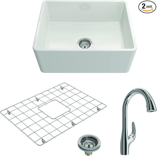 BOCCHI Classico White Apron Front Fireclay 24 in. Single Bowl Kitchen Sink with Protective Bottom Grid, Strainer, and Chrome Faucet
