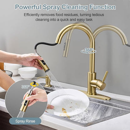 Gold Kitchen Faucets with Soap Dispenser, Single Handle High Arc Stainless Steel Sink Faucet with Pull Down Sprayer, 1 or 3 Hole Deck Plate Mount for Bar, RV, Laundry, Outdoor