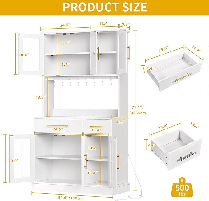 DWVO Kitchen Pantry Storage Cabinet with Microwave Stand, 71'' Tall Kitchen Hutch Cabinets with Power Outlet, Modern Food Pantry Hutch with Drawers ＆ Shelves for Home, White Oak