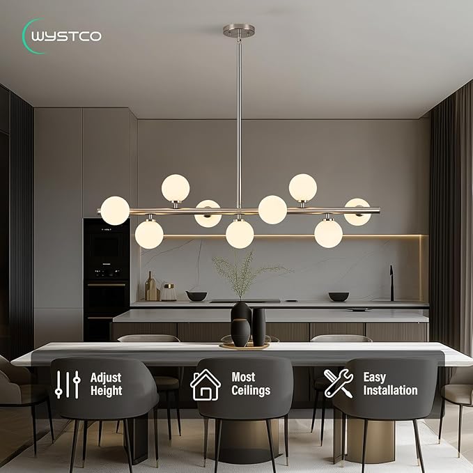 Mid Century Modern Globe Sputnik Chandelier, 9-Light Linear Chandeliers for Dining Room and Kitchen Island, Dining Light Fixture Over Table, Nickel and Milk White Glass Bubble, 40 Inch