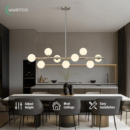 Mid Century Modern Globe Sputnik Chandelier, 9-Light Linear Chandeliers for Dining Room and Kitchen Island, Dining Light Fixture Over Table, Nickel and Milk White Glass Bubble, 40 Inch