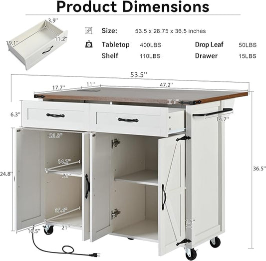 Merax 53.5" Kitchen Cart Island on Wheels with Power Outlet,Drop Leaf,Spice Rack,Farmhouse Wood Frame Storage Cabinet for Dining Room